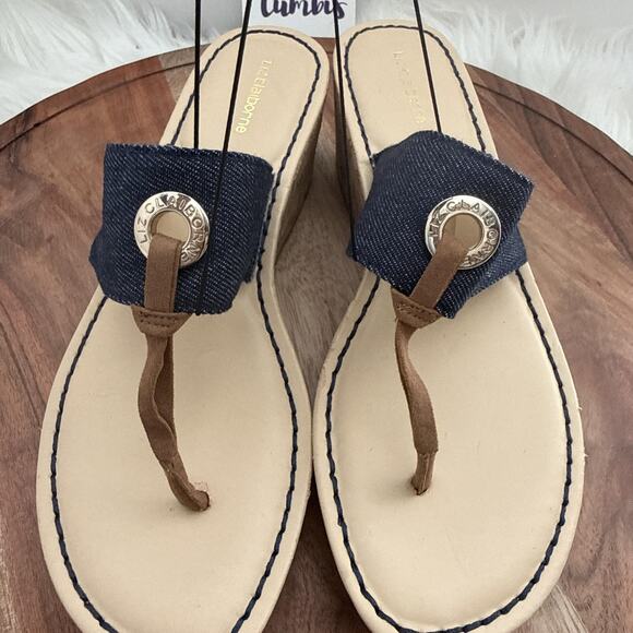 Liz Claiborne Sandals Womens Size 8 Blue Denim Lively Cork Wedge Thong Platform - Picture 5 of 9